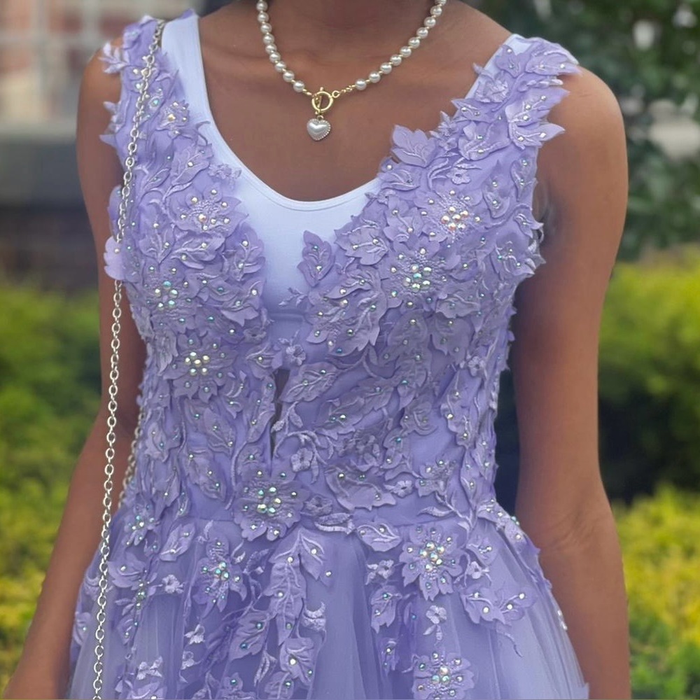 Elegant Lilac/Lavender Tulle Gown with 3D Floral Details